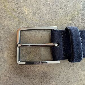 Boss Navy Leather Belt with Embossed Logo